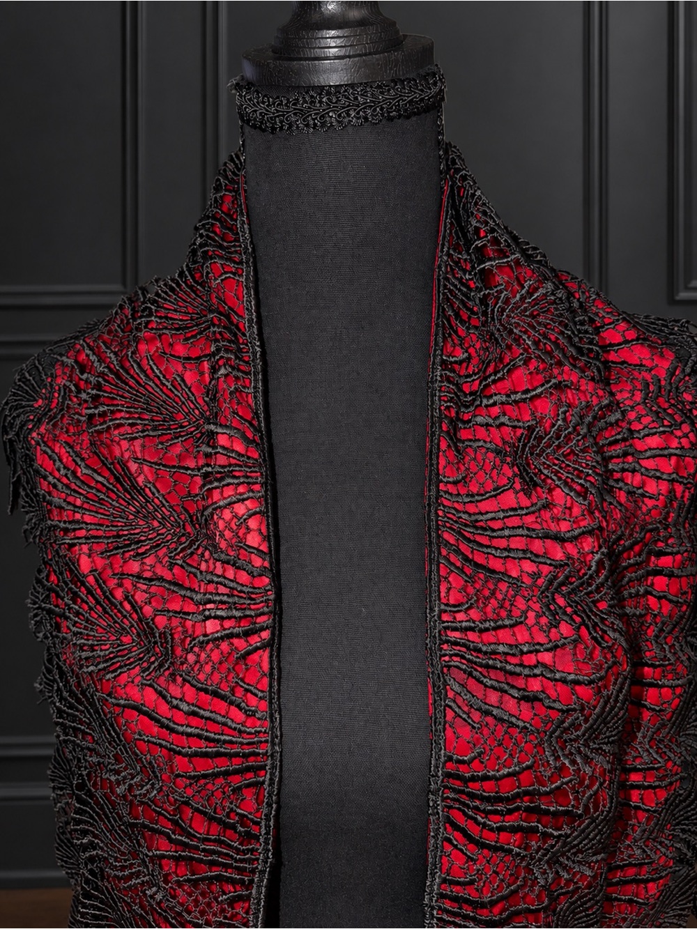 Vintage Y2K Red & Black Spiderweb Lace Fringe Shawl / Wrap